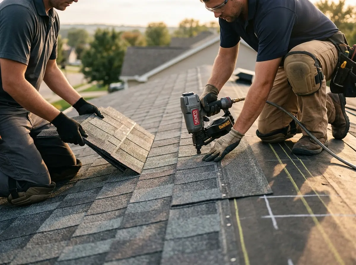 Professional roofer working on a residential roof in Mount Clemens